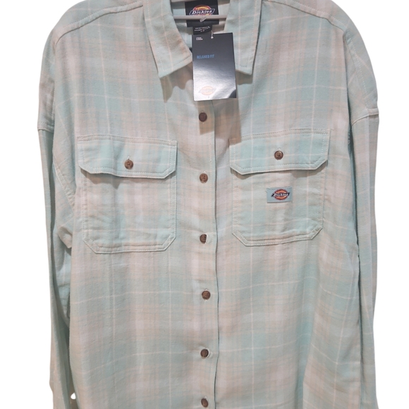 Dickies Women Oversize Flannel Winter Shirt Size M Soft Gray Turquoise Plaid - Picture 4 of 8